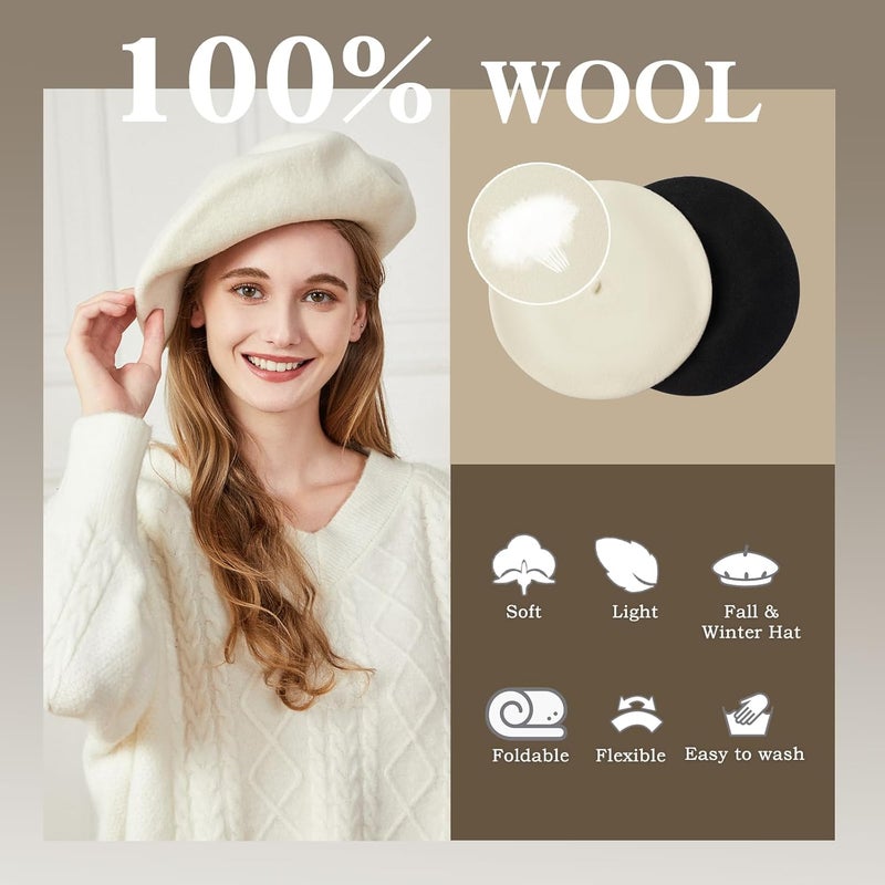 recapitula XXL 100% Wool French White Beret Hats for Women Man Painter hat Classic Painter's Hat Girl Solid Color Classic - Image 3